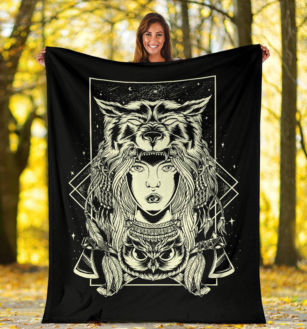 Hand Drawing Chief Women Wolf Head Illustration Premium Blanket - Top Content | POD Collection | Free Shipping