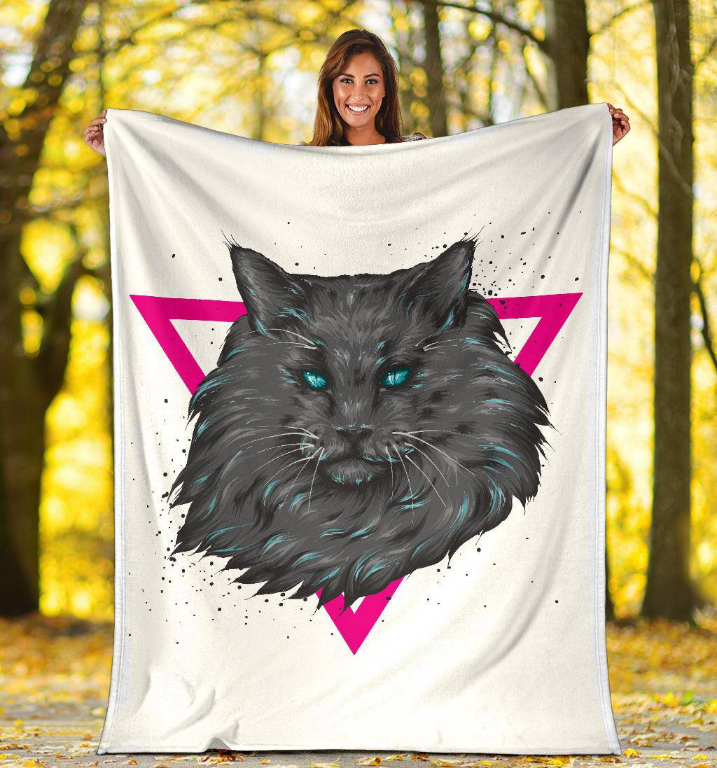 Cat Portrait Premium Blanket, Cool Blue Eyes Black Kitten Cartoon - Top Content | POD Collection | Free Shipping