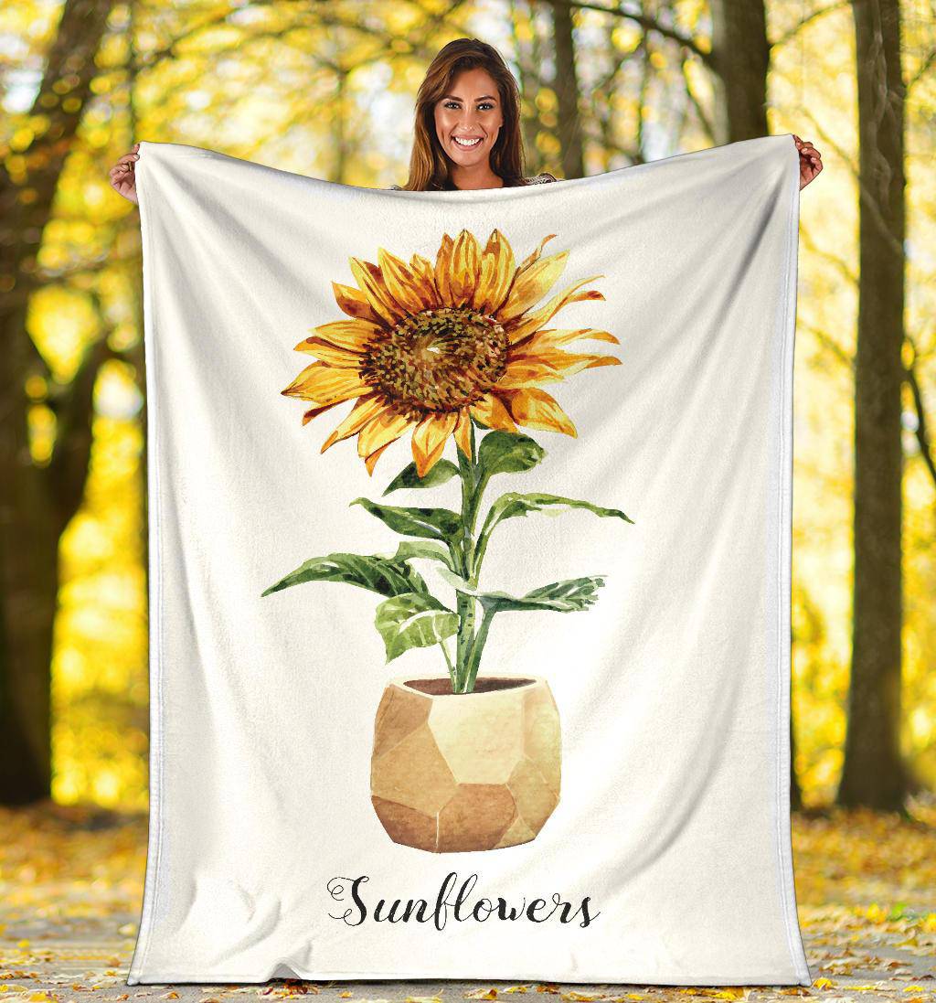 Sunflower Flower Pot Premium Blanket, Watercolour Drawing Illustration - Top Content | POD Collection | Free Shipping