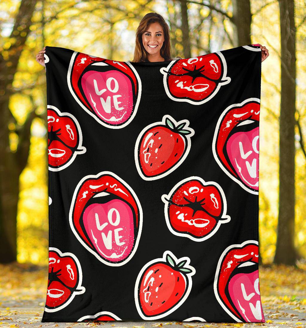 Red Lips Strawberry Kiss Love Seamless Pattern Premium Blanket - Top Content | POD Collection | Free Shipping