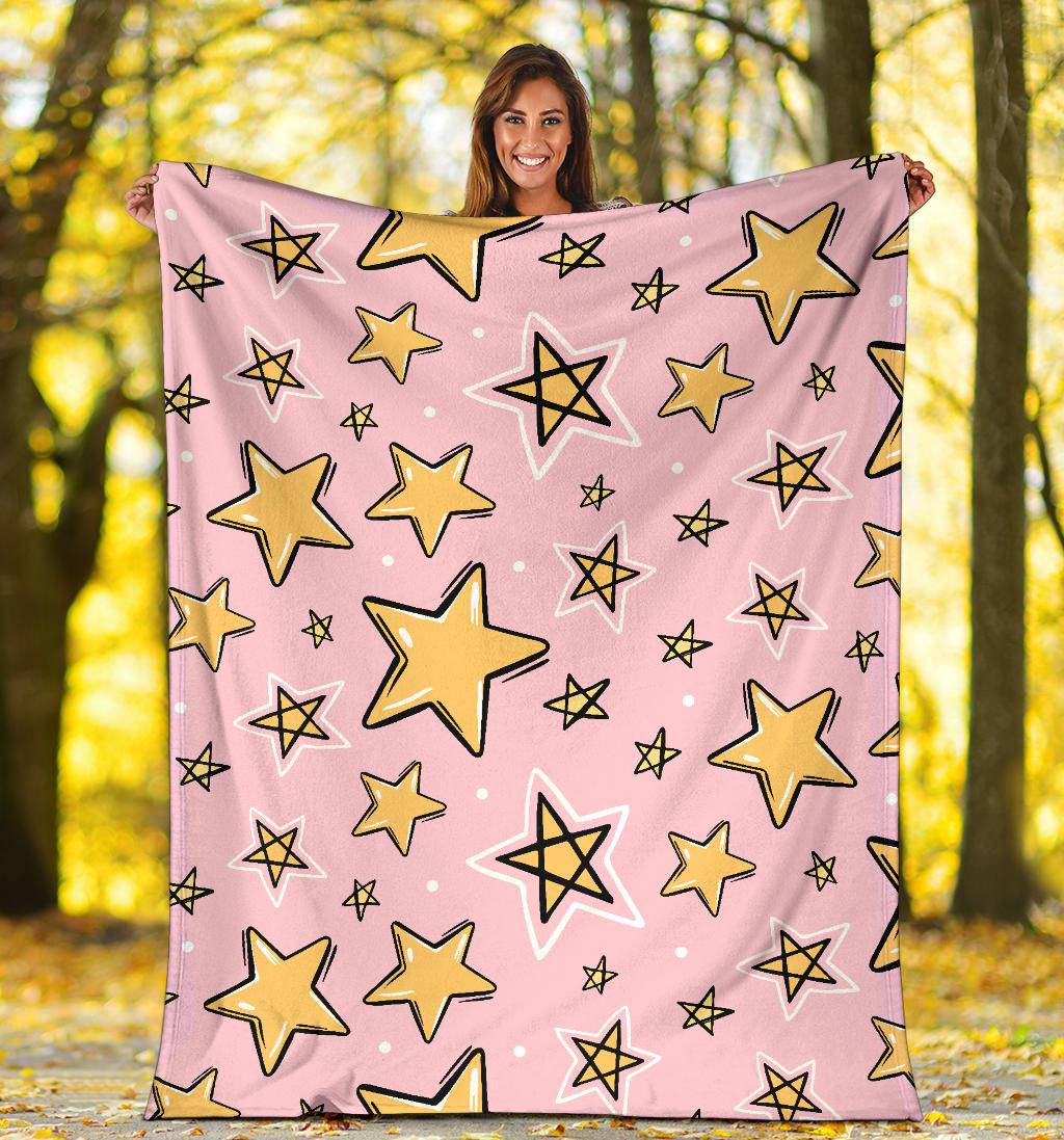 Hand Drawn Yellow Stars, Pink Seamless Pattern Premium Blanket - Top Content | POD Collection | Free Shipping