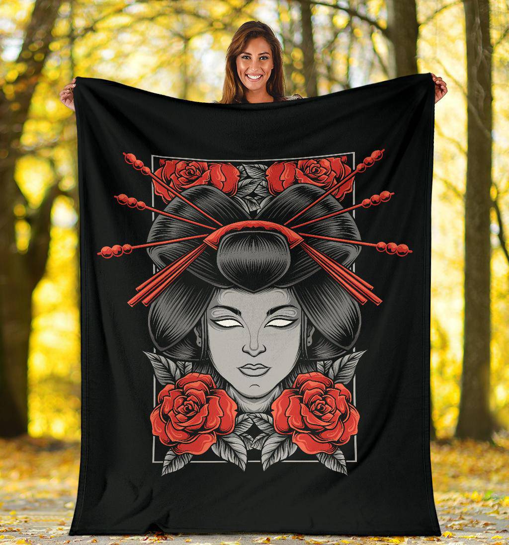 Geisha With Rose Flowers Cartoon Premium Blanket - Top Content | POD Collection | Free Shipping