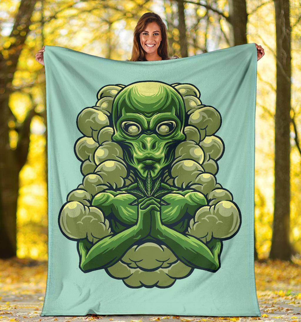 Alien Holding Marijuana, Cool Weed Cartoon Premium Blanket - Top Content | POD Collection | Free Shipping