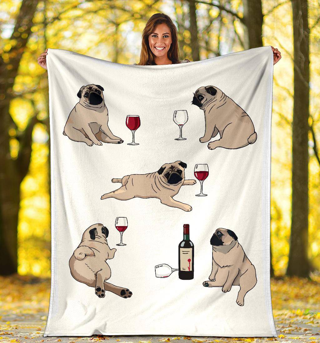 Funny Pug Posing With Bottle of Wine Cartoon Style Premium Blanket - Top Content | POD Collection | Free Shipping