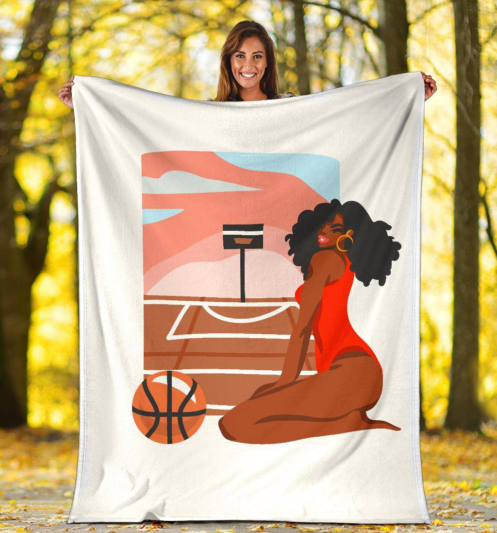 Happy Afro Woman Basketball Player, Hand Drawn Cartoon Premium Blanket - Top Content | POD Collection | Free Shipping