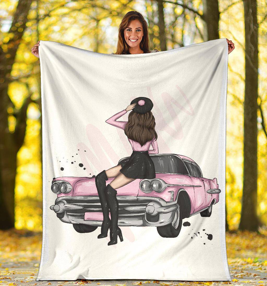 Premium Blanket Vintage Car Stylish Pink Girl - Top Content | POD Collection | Free Shipping