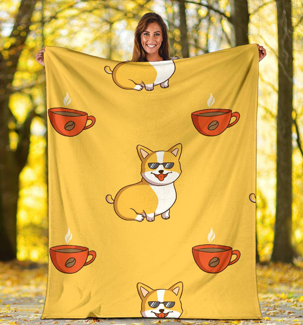 Cool Corgi Cartoon WIth Coffee Cup Premium Blanket - Top Content | POD Collection | Free Shipping