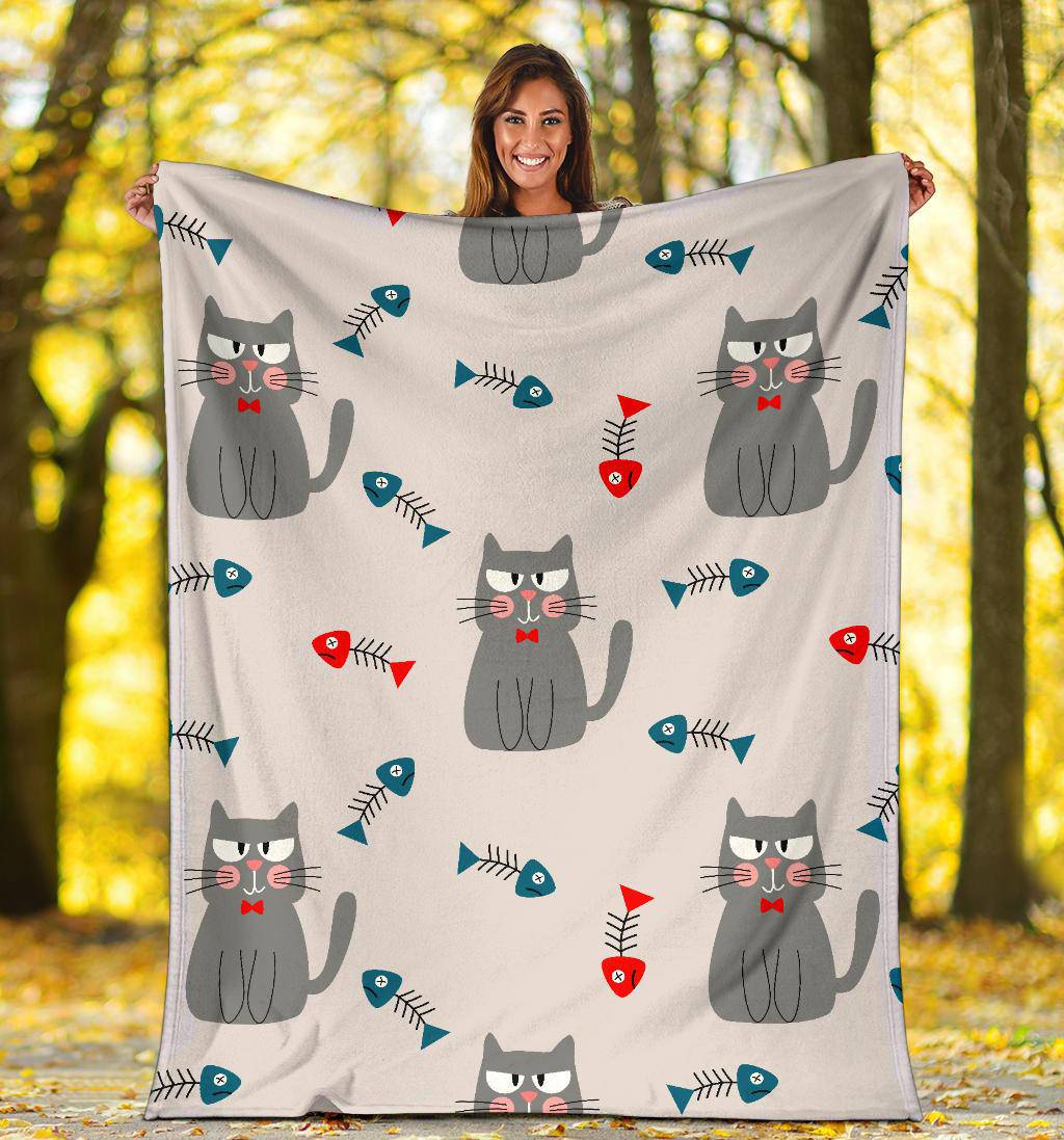 Premium Blanket Cute Cat Fishbone Seamless Background Illustration - Top Content | POD Collection | Free Shipping