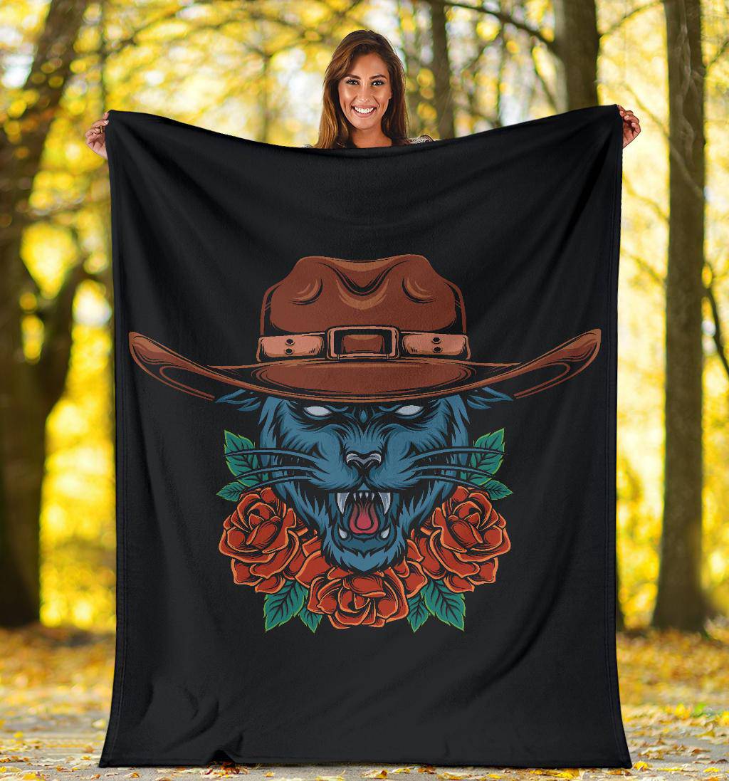 Cool Cowboy Style Panther Cartoon Drawing, Premium Blanket - Top Content | POD Collection | Free Shipping