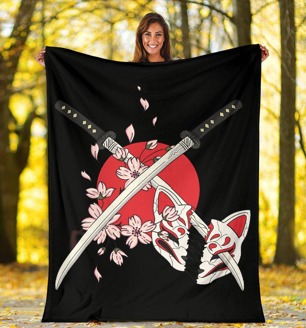 Swords Japanese Mask Kitsune Premium Blanket - Top Content | POD Collection | Free Shipping