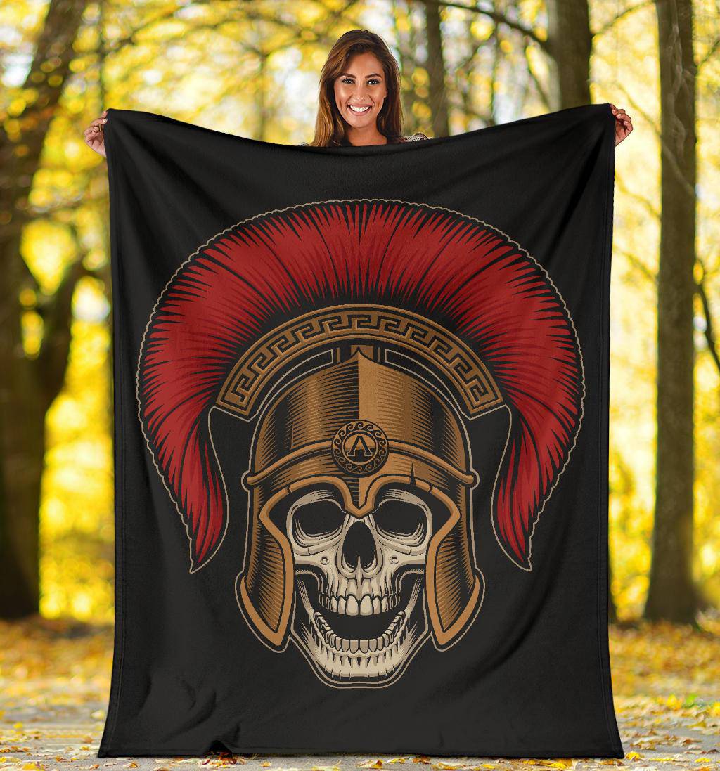 Spartan Warrior Skull Wearing A Helmet Cartoon Style Premium Blanket - Top Content | POD Collection | Free Shipping