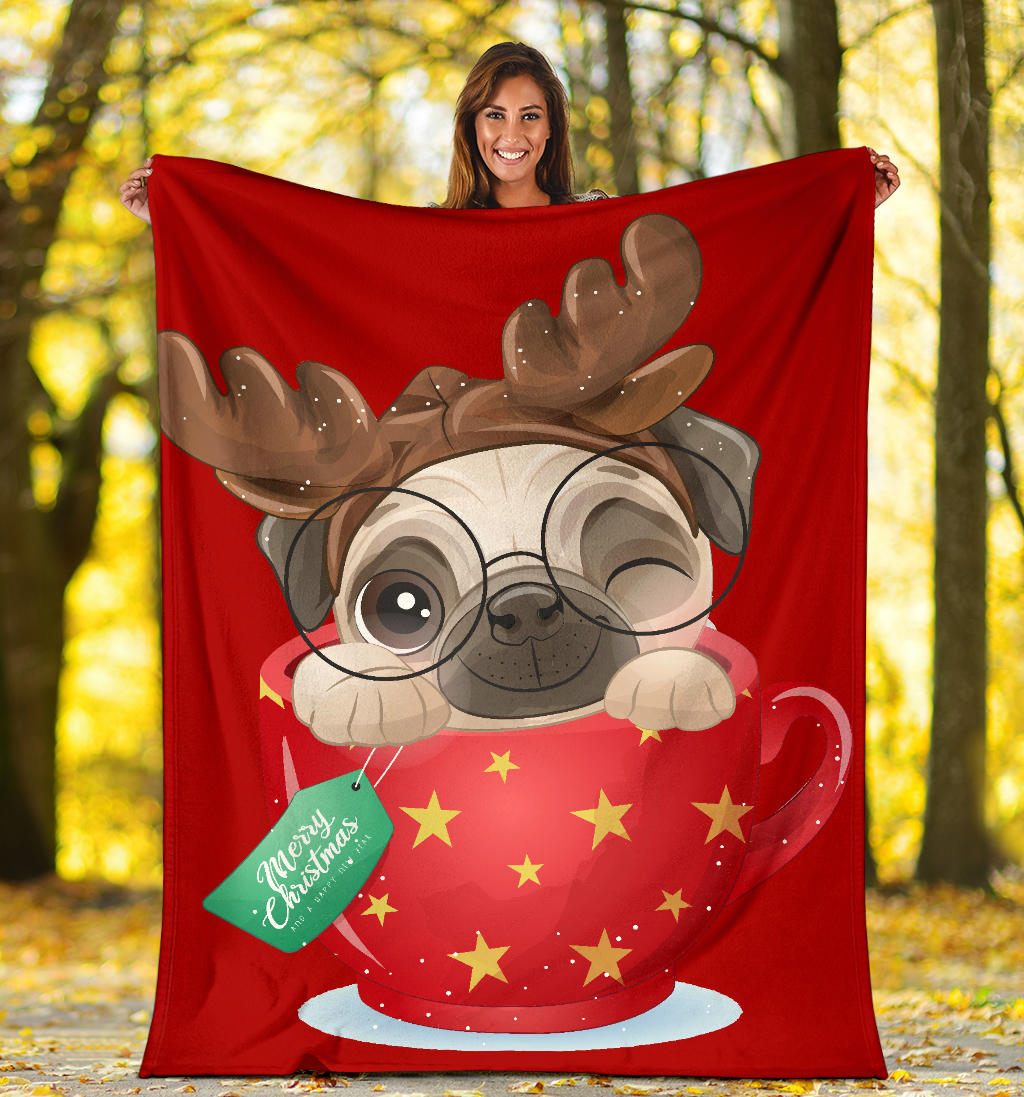 cute doodle pug christmas day with red watercolor blanket - Top Content | POD Collection | Free Shipping