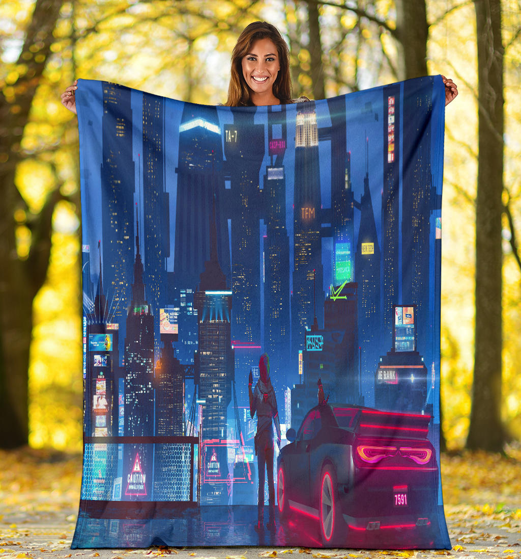 city life futuristic car artwork blanket