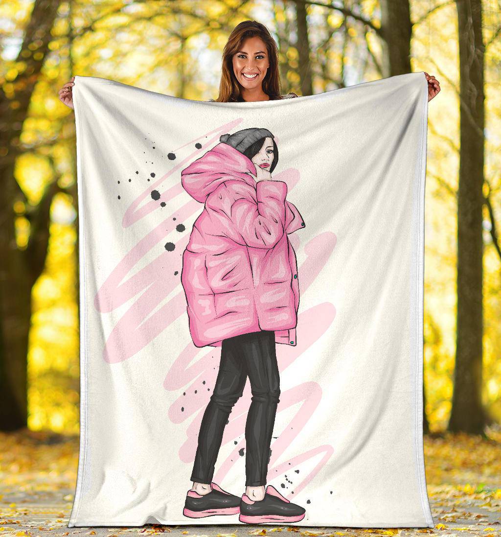 Stylish Pink Winter Girl Cartoon Premium Blanket - Top Content | POD Collection | Free Shipping