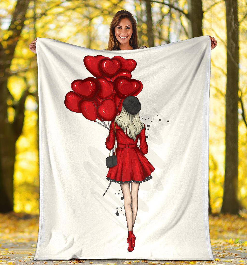 Premium Blanket Stylish Beautiful Girl With Heart Ballons - Top Content | POD Collection | Free Shipping