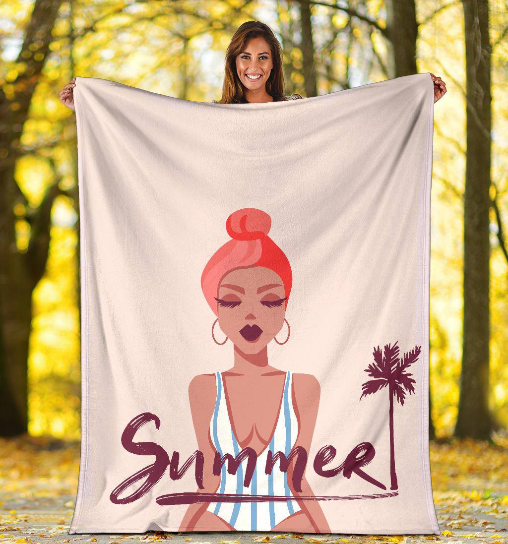 Summer Girl Premium Blanket, Beautiful Cartoon Drawing - Top Content | POD Collection | Free Shipping