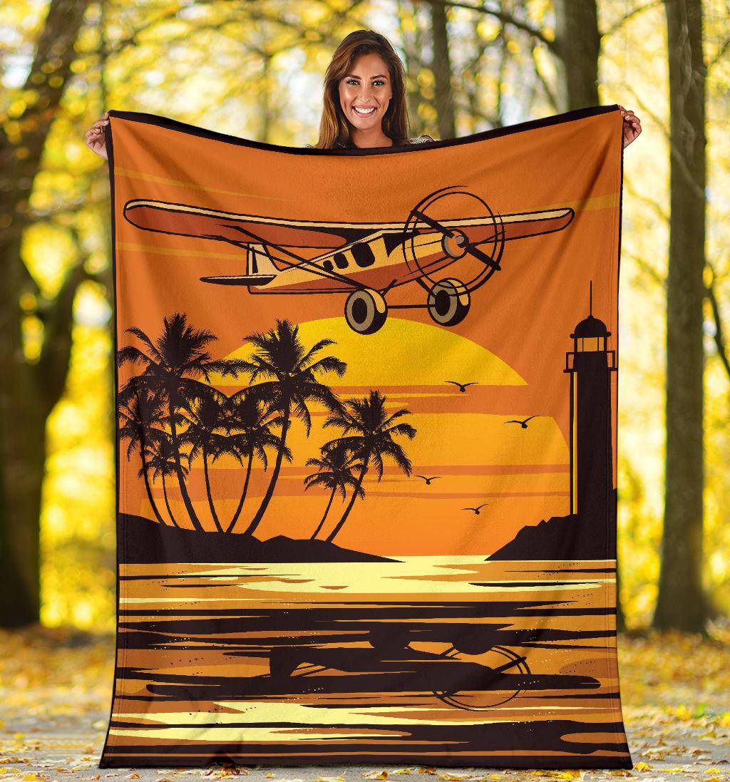 Flying Plane Beach Cartoon Premium Blanket - Top Content | POD Collection | Free Shipping