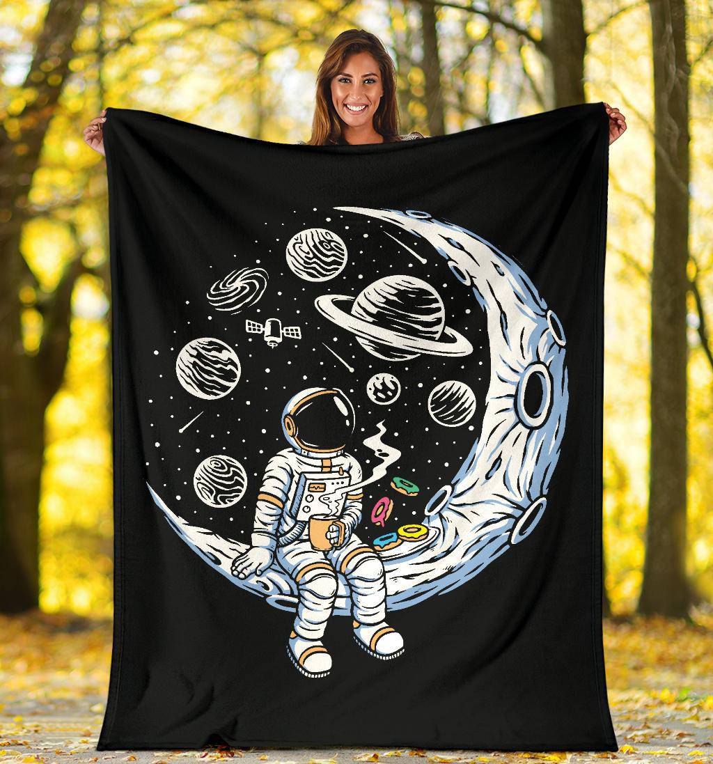 Premium Blanket Moon Astronaut Drinking Coffee And Eating Doughnuts - Top Content | POD Collection | Free Shipping