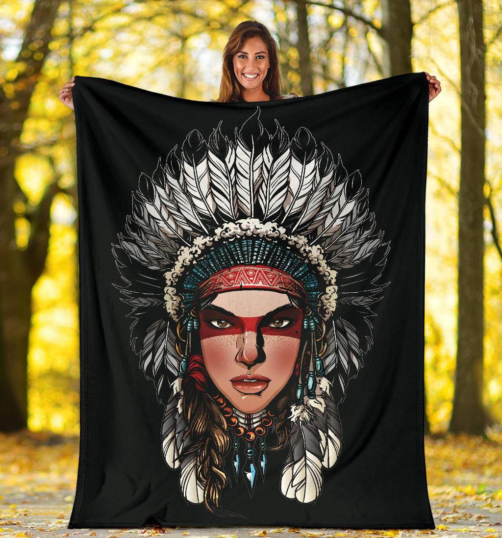 Native American Bonnet Cartoon Art Premium Blanket - Top Content | POD Collection | Free Shipping