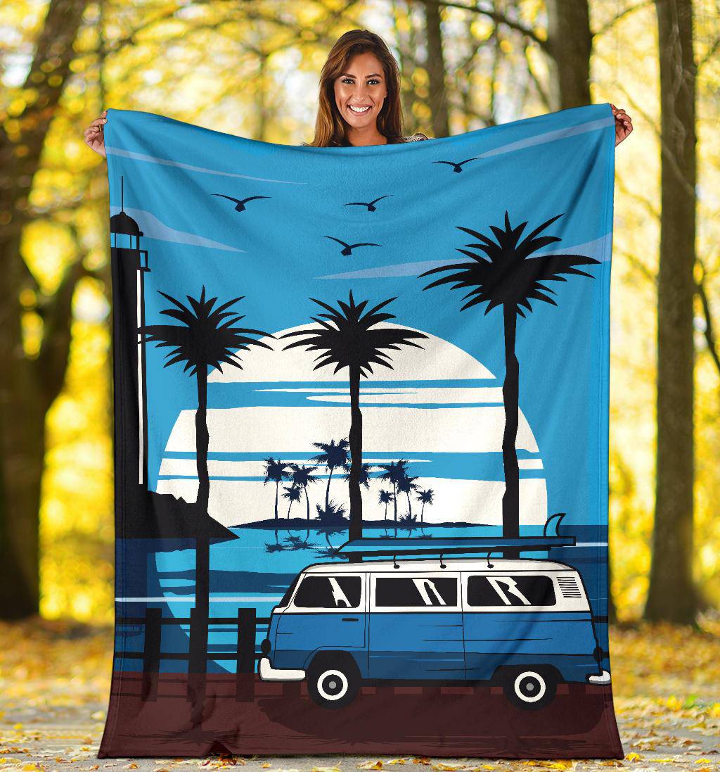 Blue Van Travel Lighthouse Cartoon Premium Blanket - Top Content | POD Collection | Free Shipping