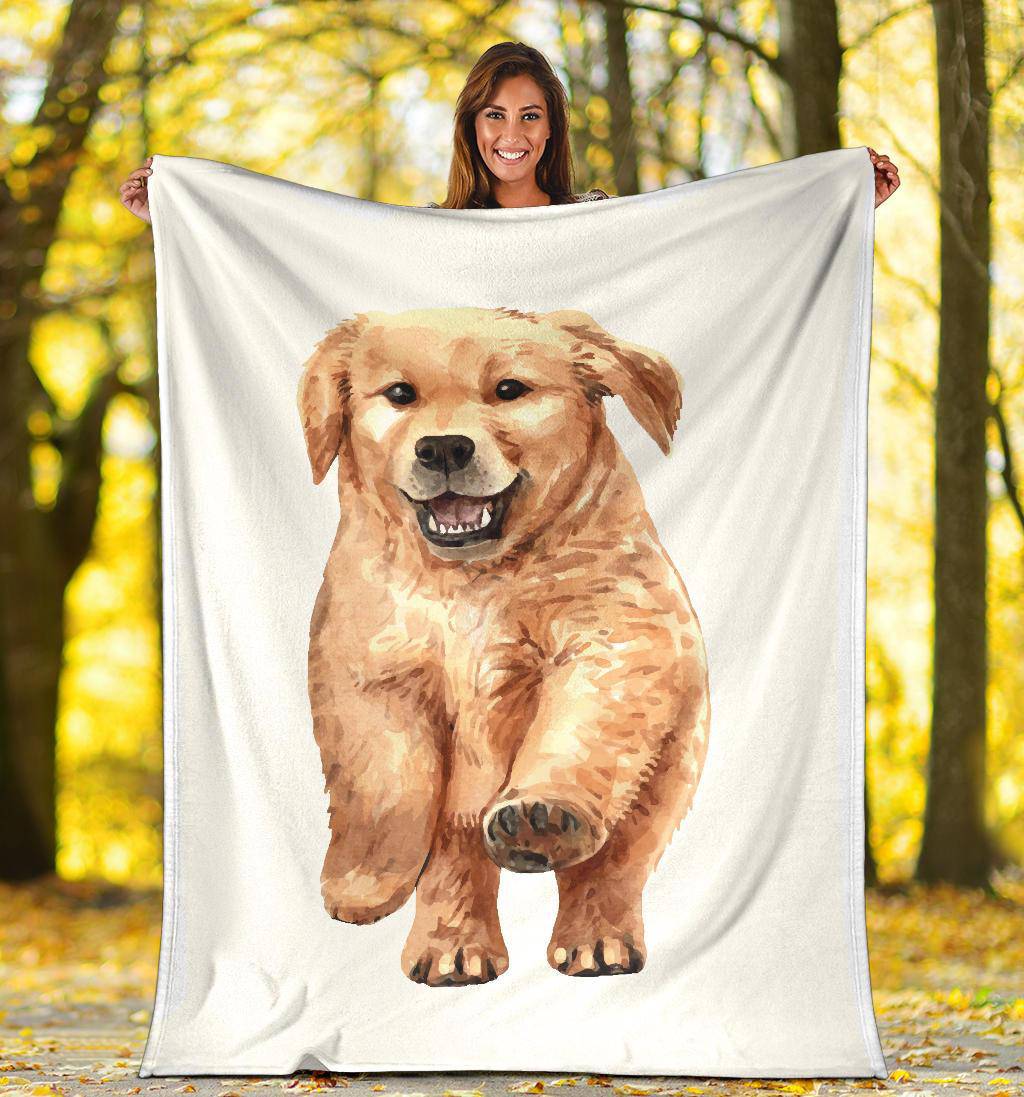 Watercolour Golden Retriever Portrait Premium Blanket, Cute Cartoon Drawing - Top Content | POD Collection | Free Shipping