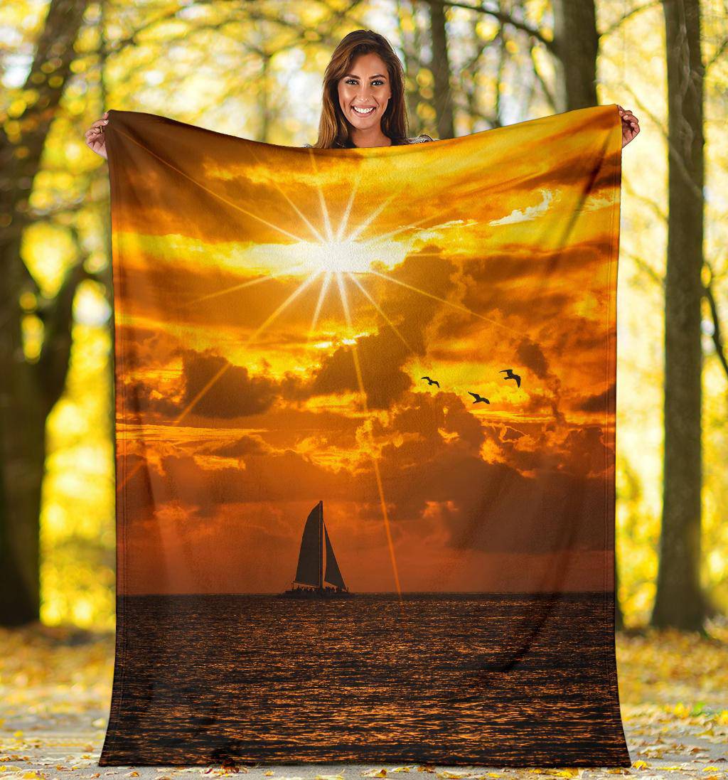 Silhouette Boat Sea Sun Birds Premium Blanket - Top Content | POD Collection | Free Shipping