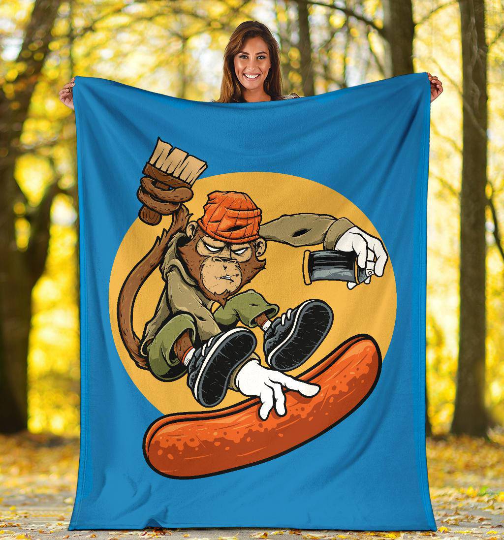 Monkey Graffiti Riding a Skateboard Cartoon Premium Blanket - Top Content | POD Collection | Free Shipping