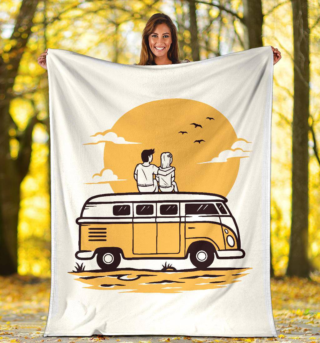 Romantic Sunrise Premium Blanket, Love Traveling Cartoon Style - Top Content | POD Collection | Free Shipping