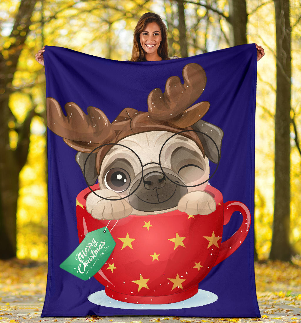 cute doodle pug christmas day blue blanket - Top Content | POD Collection | Free Shipping