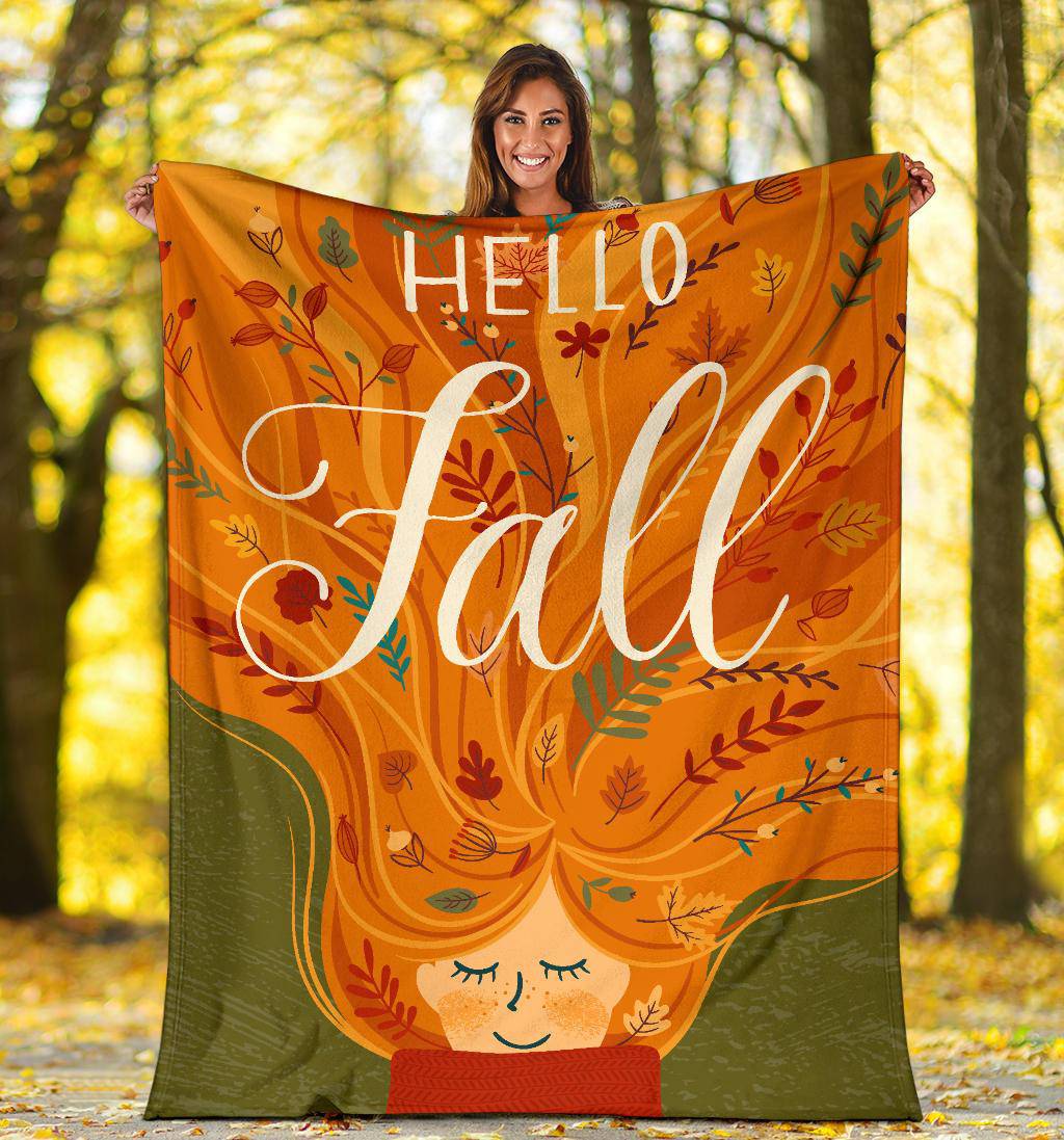 Hello Autumn Fall Leaves Red Hair Girl Premium Blanket - Top Content | POD Collection | Free Shipping