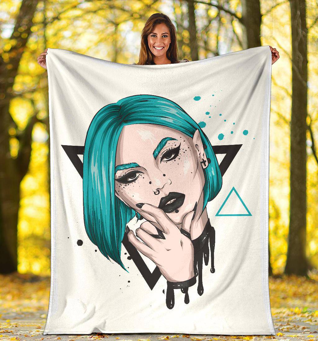 Blue Girl Portrait Premium Blanket, Cool Punk Cartoon Drawing - Top Content | POD Collection | Free Shipping