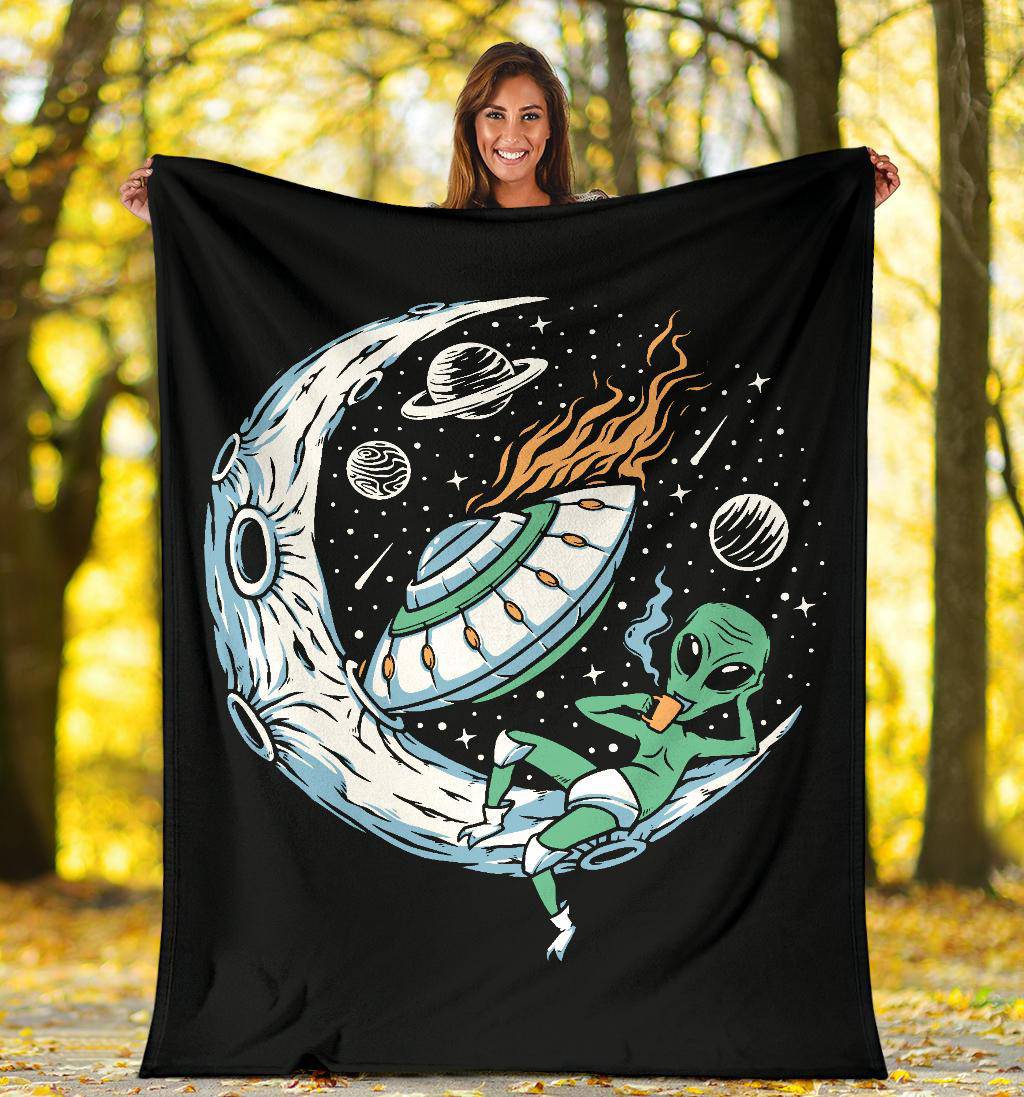 Alien Drinking Coffee On The Moon Premium Blanket, Cool Space Cartoon Drawing - Top Content | POD Collection | Free Shipping