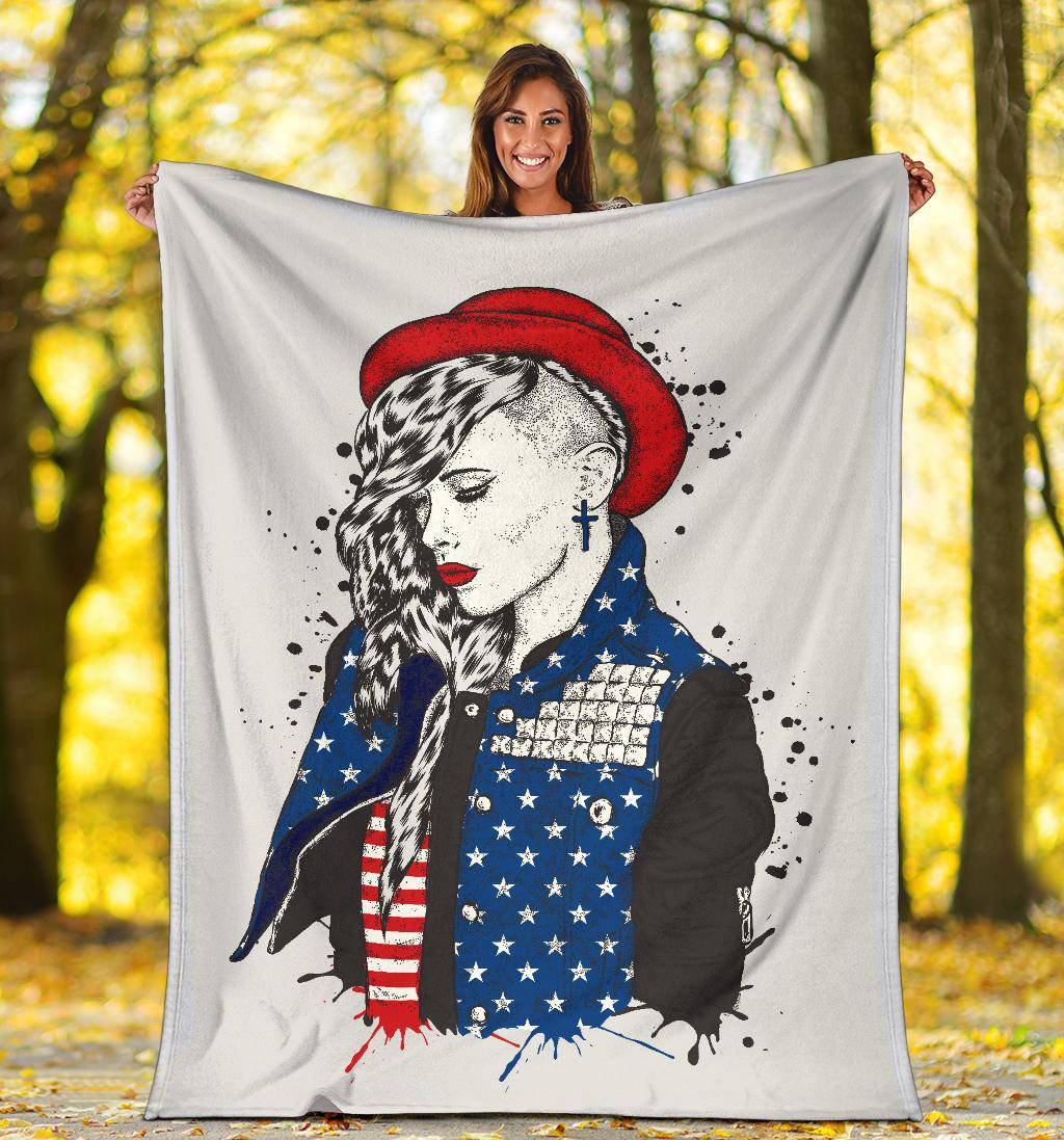 Beautiful Girl Hand Drawing USA Flag Premium Blanket - Top Content | POD Collection | Free Shipping