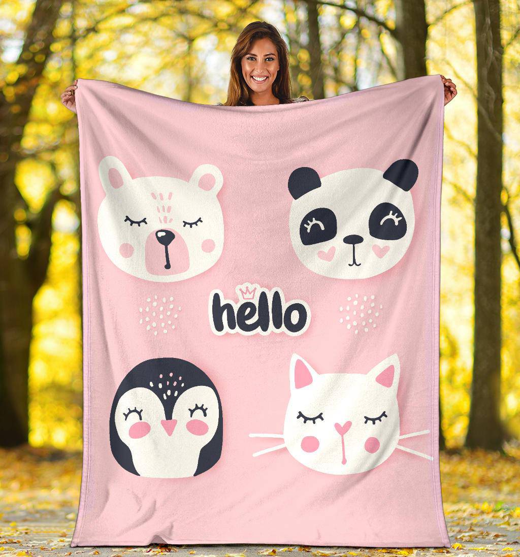 Hello Cute Bear Penguin Cat Bunny, Animal Cartoon Premium Blanket, - Top Content | POD Collection | Free Shipping