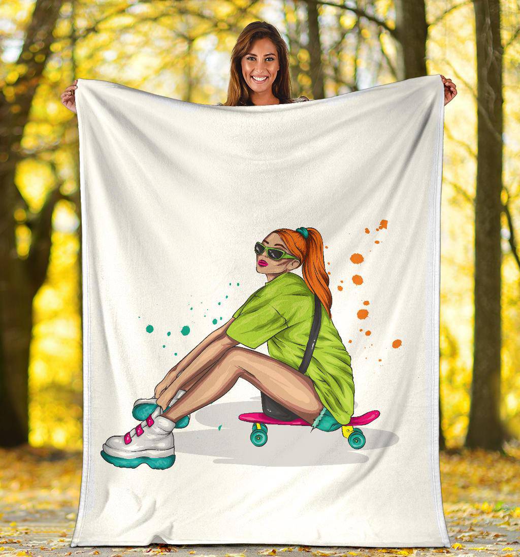 Premium Blanket Stylish Beautiful Girl With Skateboard Illustration - Top Content | POD Collection | Free Shipping