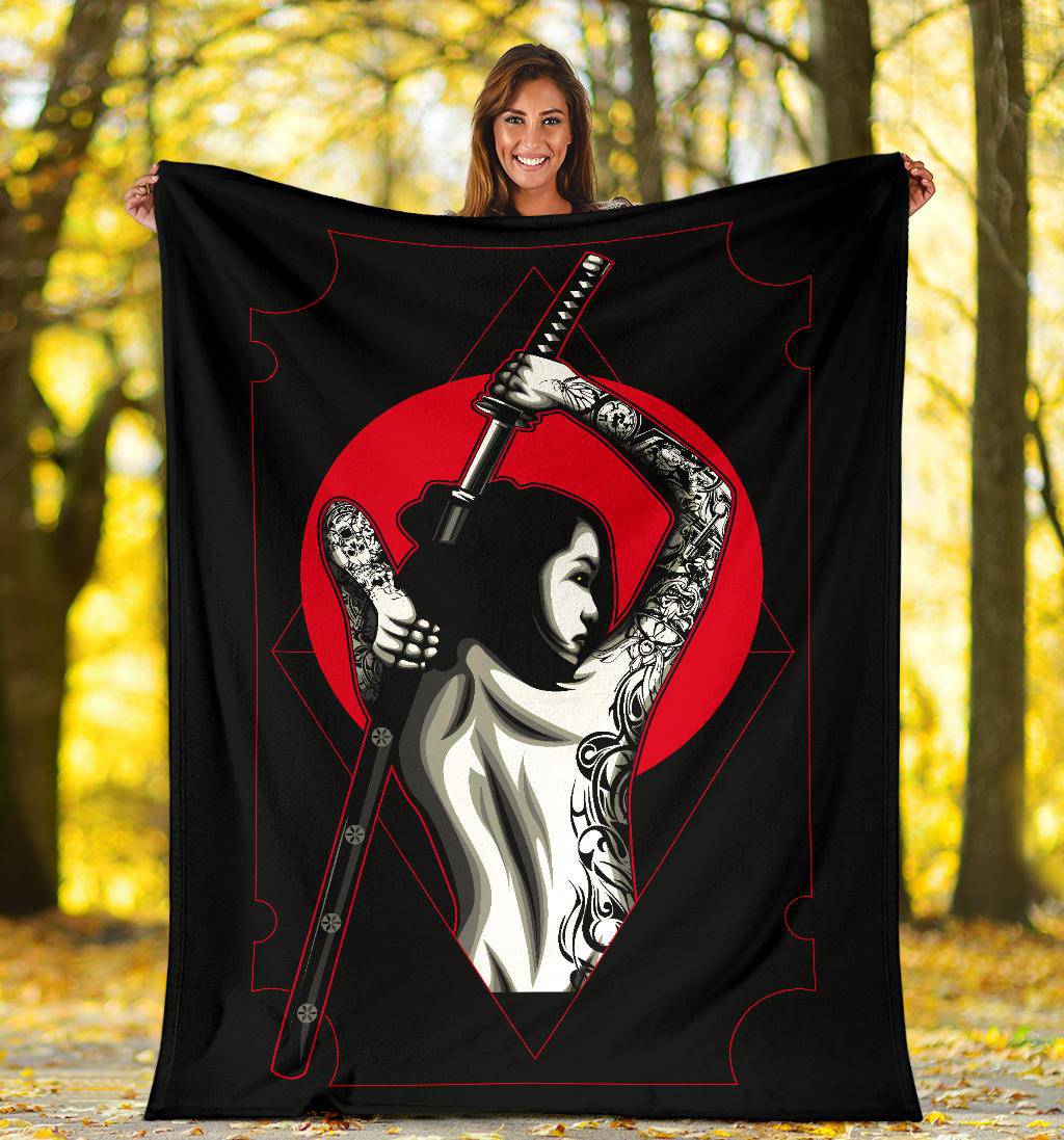 Samurai Woman Tattoo Japan Sword Red Sun Premium Blanket - Top Content | POD Collection | Free Shipping