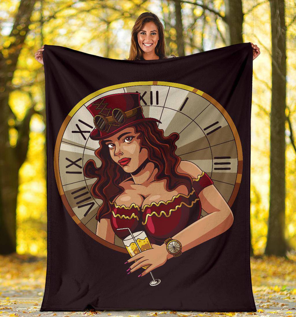 Premium Blanket Steampunk Girl Clock Illustration Cartoon - Top Content | POD Collection | Free Shipping