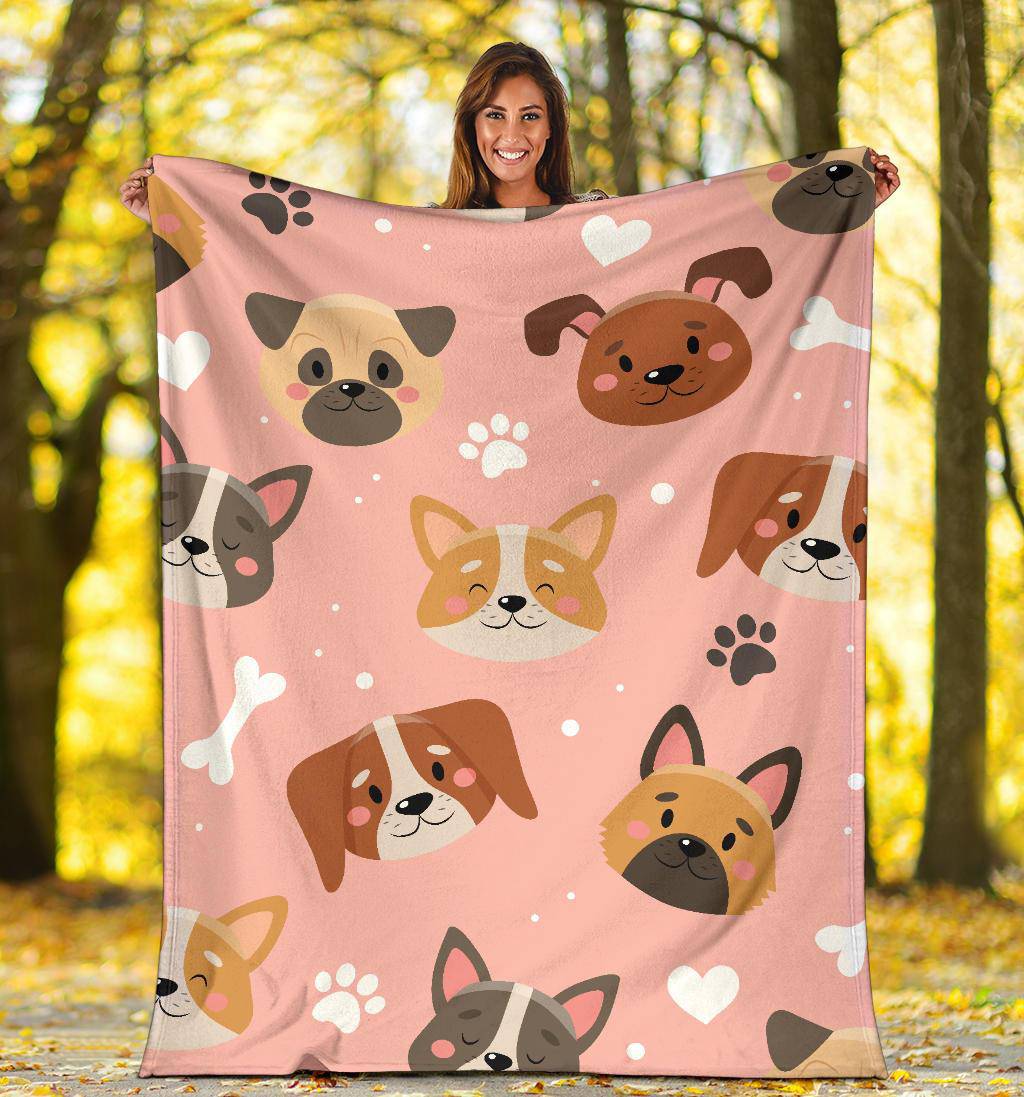 Cute Doggy Pink Background, Paws and Bones Cartoon Premium Blanket - Top Content | POD Collection | Free Shipping