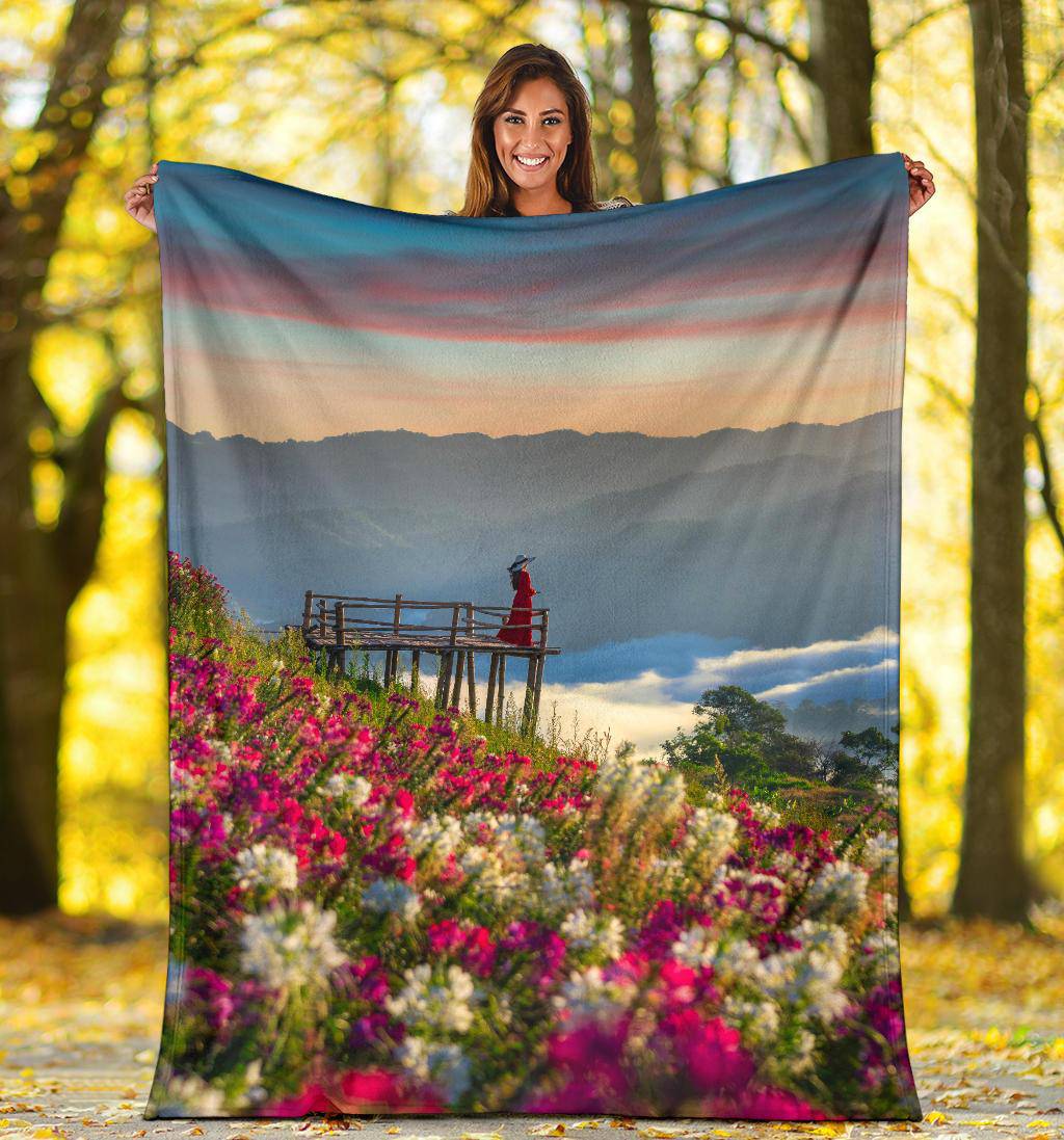 Girl Colourful Flower Field Nature Premium Blanket - Top Content | POD Collection | Free Shipping