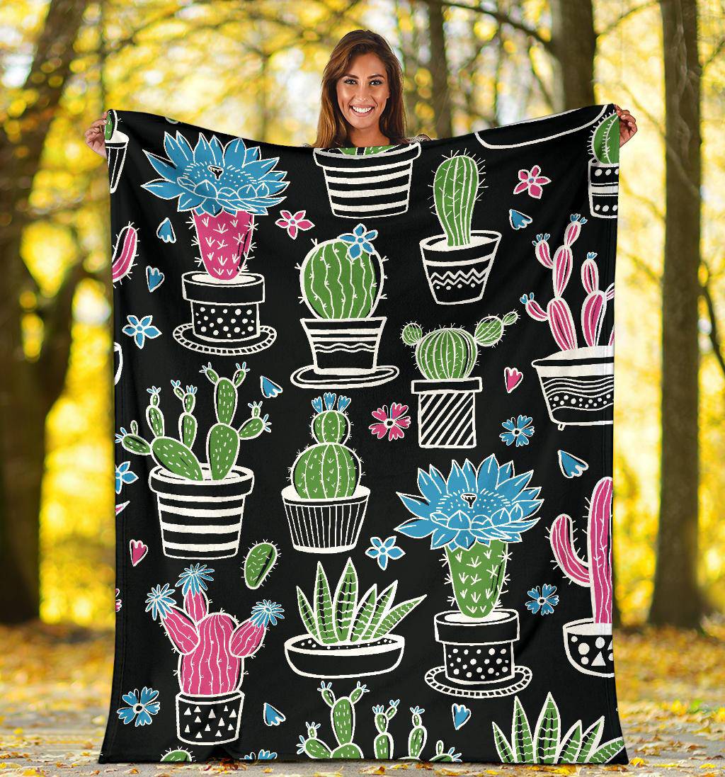 Colorful Plant Cactus and Cucculent Hand Drawn Pattern Premium Blanket - Top Content | POD Collection | Free Shipping