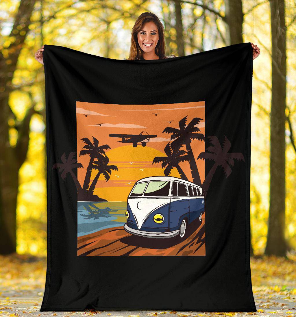 Blue Van Island Sunset Cartoon Premium Blanket - Top Content | POD Collection | Free Shipping