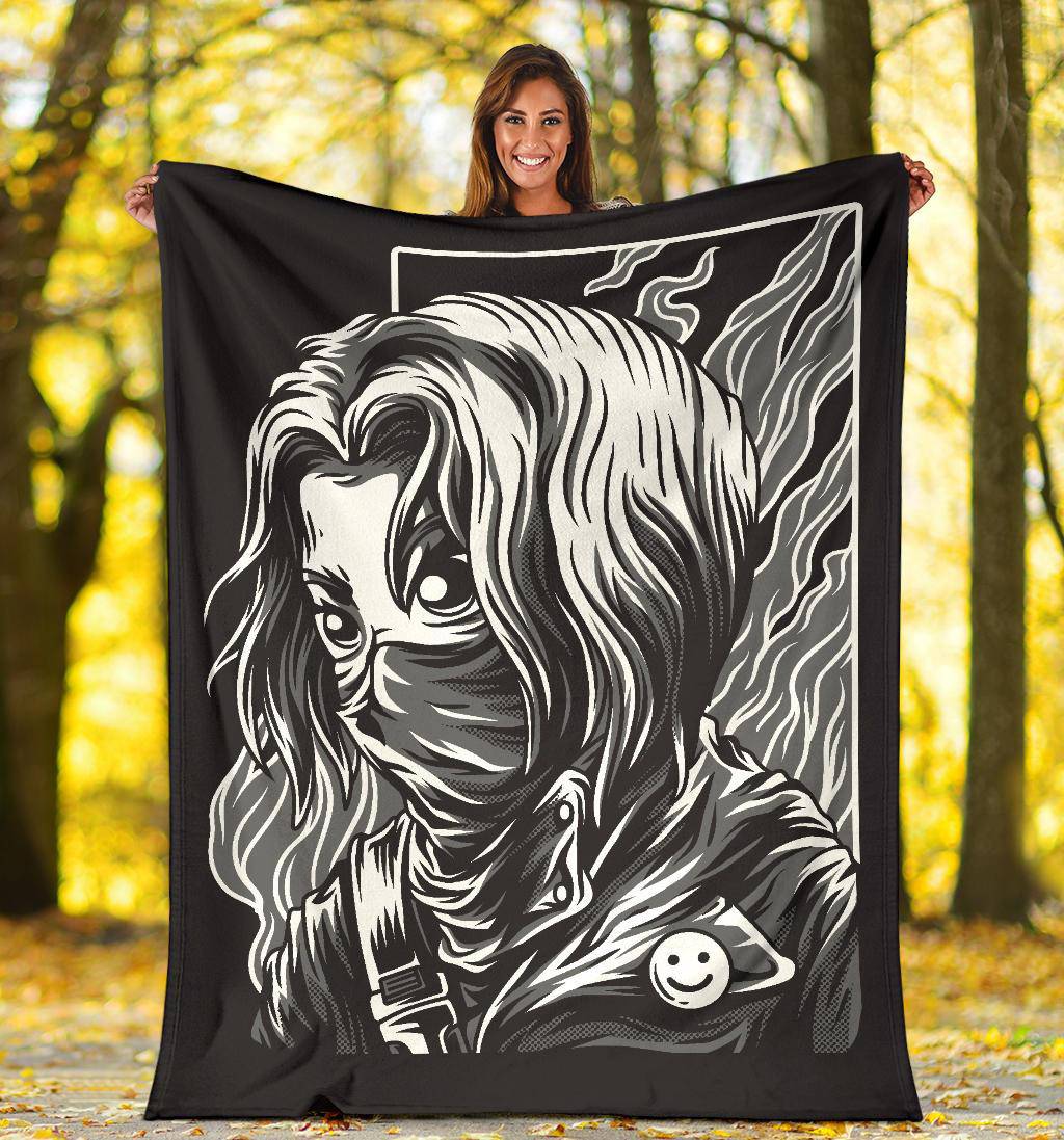 Premium Blanket Masked Smiley Warrior Girl Cartoon - Top Content | POD Collection | Free Shipping