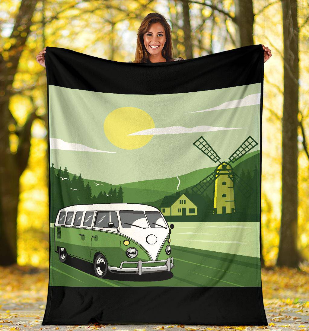 Green Van Windmill Cartoon Premium Blanket - Top Content | POD Collection | Free Shipping