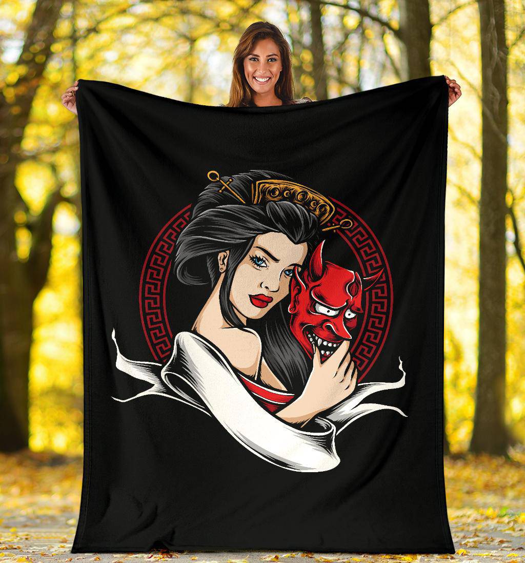 Geisha Holding Oni Mask Premium Blanket, Cool Japanese Art - Top Content | POD Collection | Free Shipping