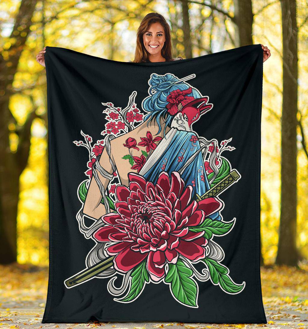 Japanese Samurai Girl With Flower Ornament Drawing Premium Blanket - Top Content | POD Collection | Free Shipping