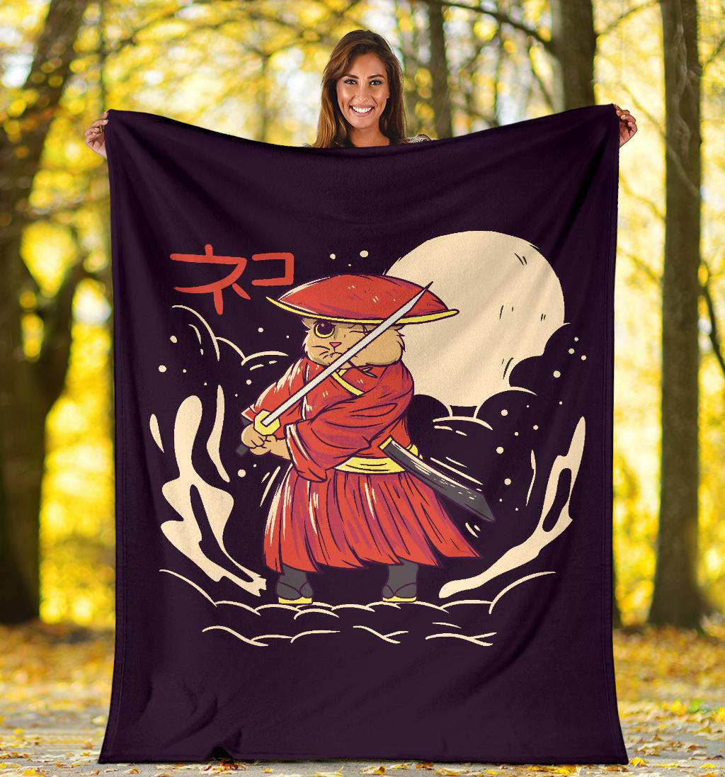 Samurai Japanese Cat Premium Blanket, Cool Cartoon Drawing - Top Content | POD Collection | Free Shipping