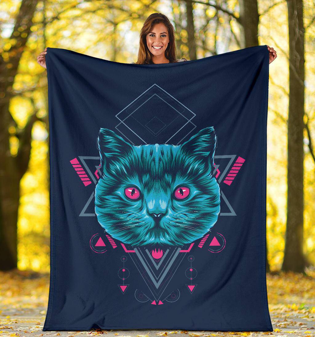 Cat Sacred Geometry Premium Blanket, Cool Cartoon Illustration - Top Content | POD Collection | Free Shipping