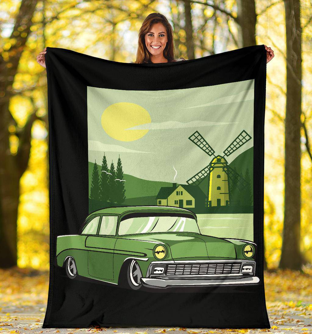 Green Car Windmill Cartoon Premium Blanket - Top Content | POD Collection | Free Shipping