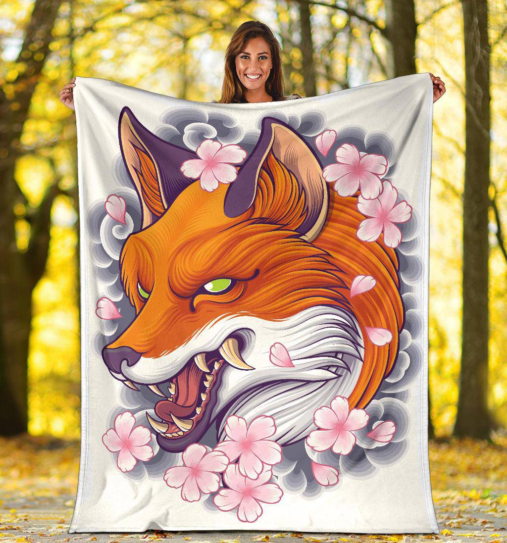 Angry Fox Head with Japanese Flowers Premium Blanket - Top Content | POD Collection | Free Shipping