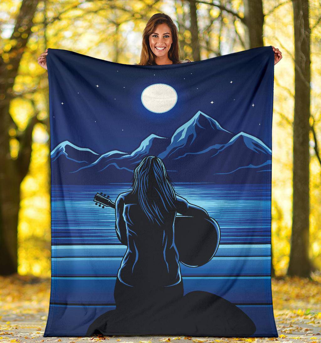 Guitarist Woman in the Moonlight, Mountain view, Sea Premium Blanket - Top Content | POD Collection | Free Shipping